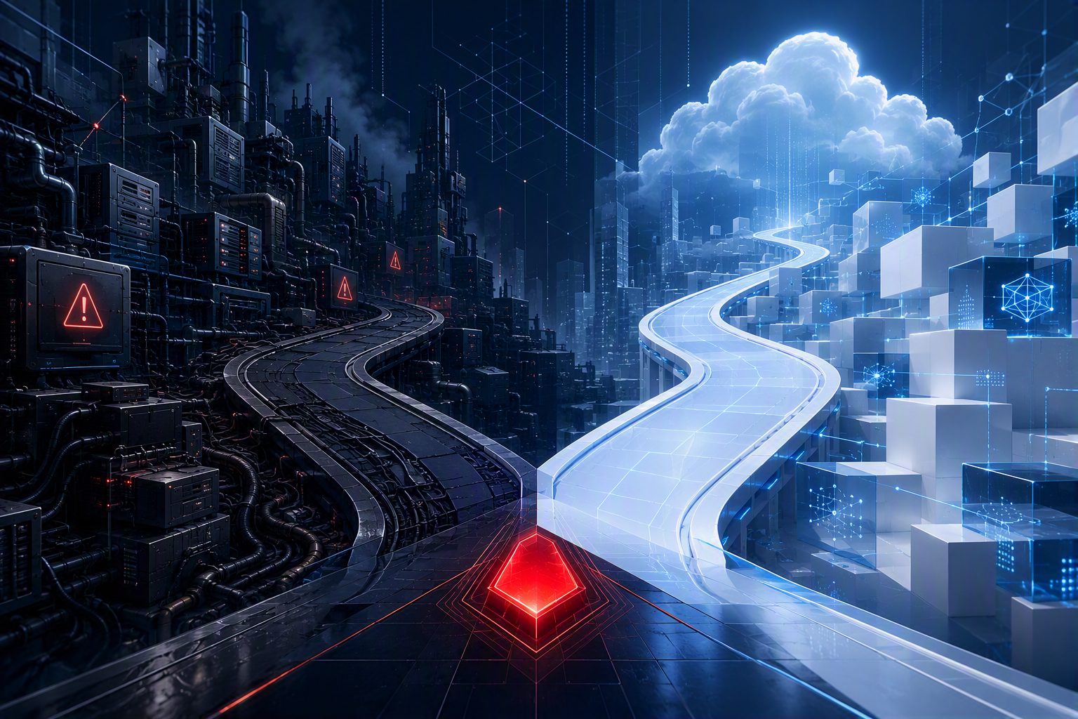 Two paths from the same starting point: a dark, tangled legacy environment on one side and a bright, connected cloud platform on the other.