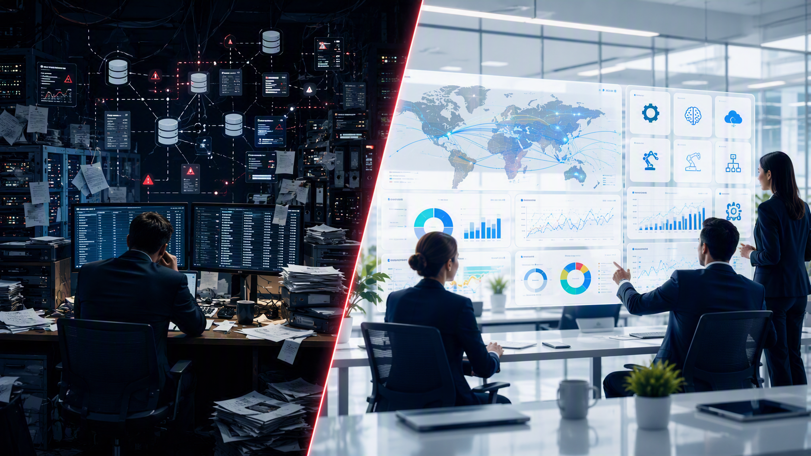 A split view: on the left, an analyst buried in legacy reports and tangled system diagrams; on the right, a team reading a single connected operations dashboard.
