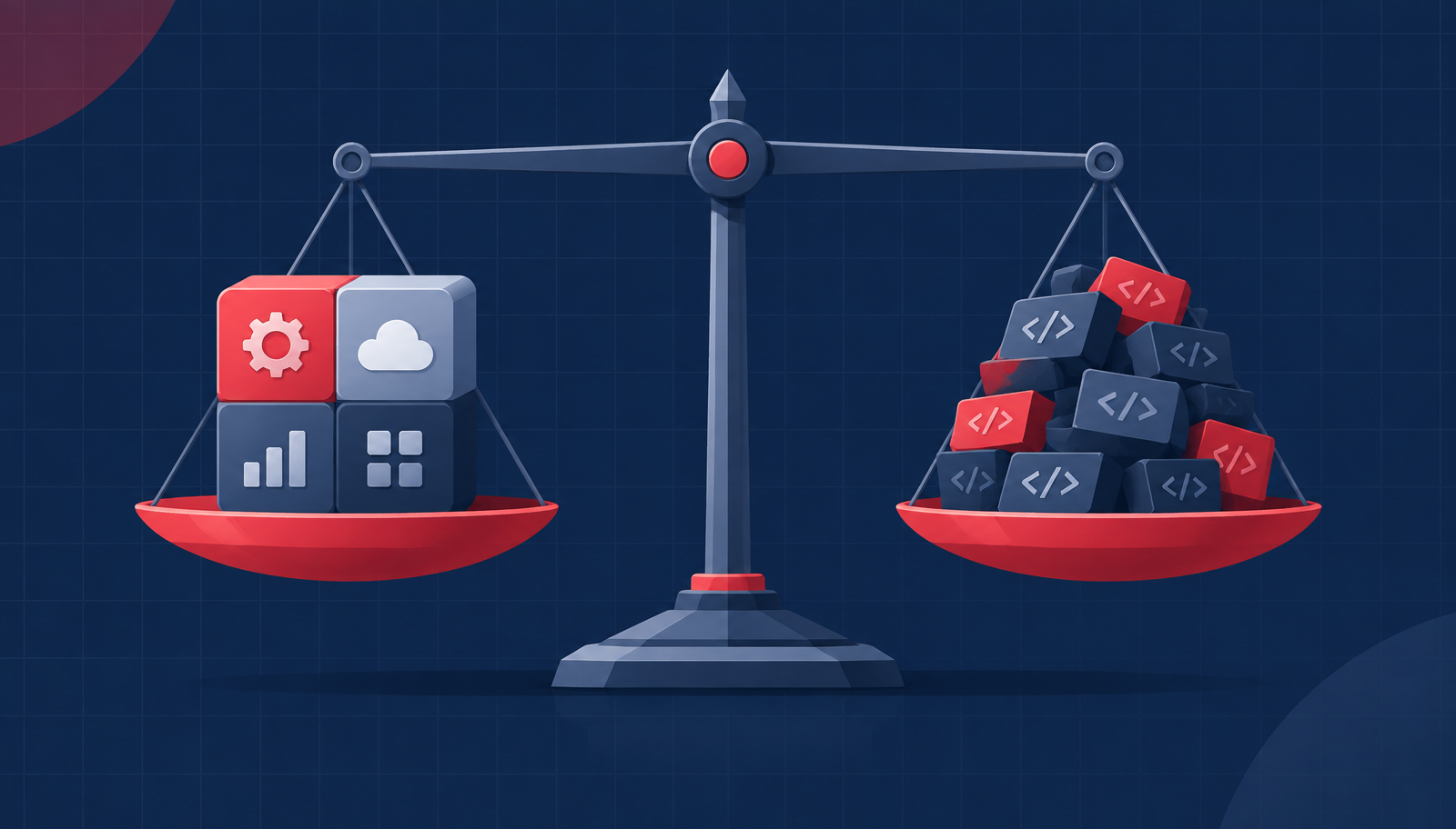 A balance scale weighing a ready-made solution against custom-built code