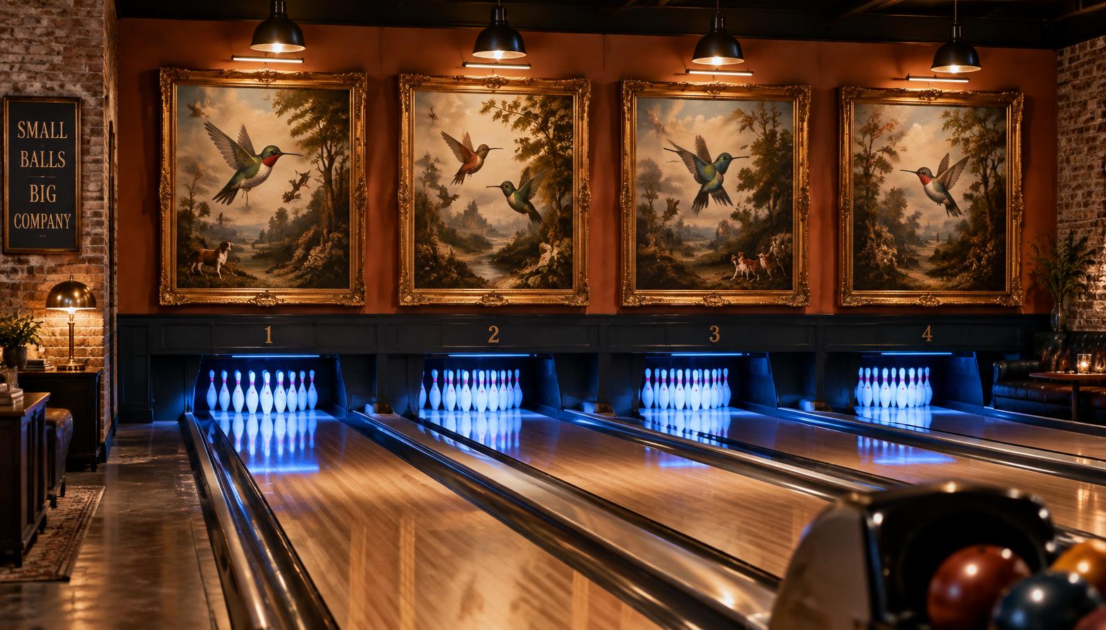 Bowling lanes at Punchbowl Social with hummingbird oil paintings above the pin decks