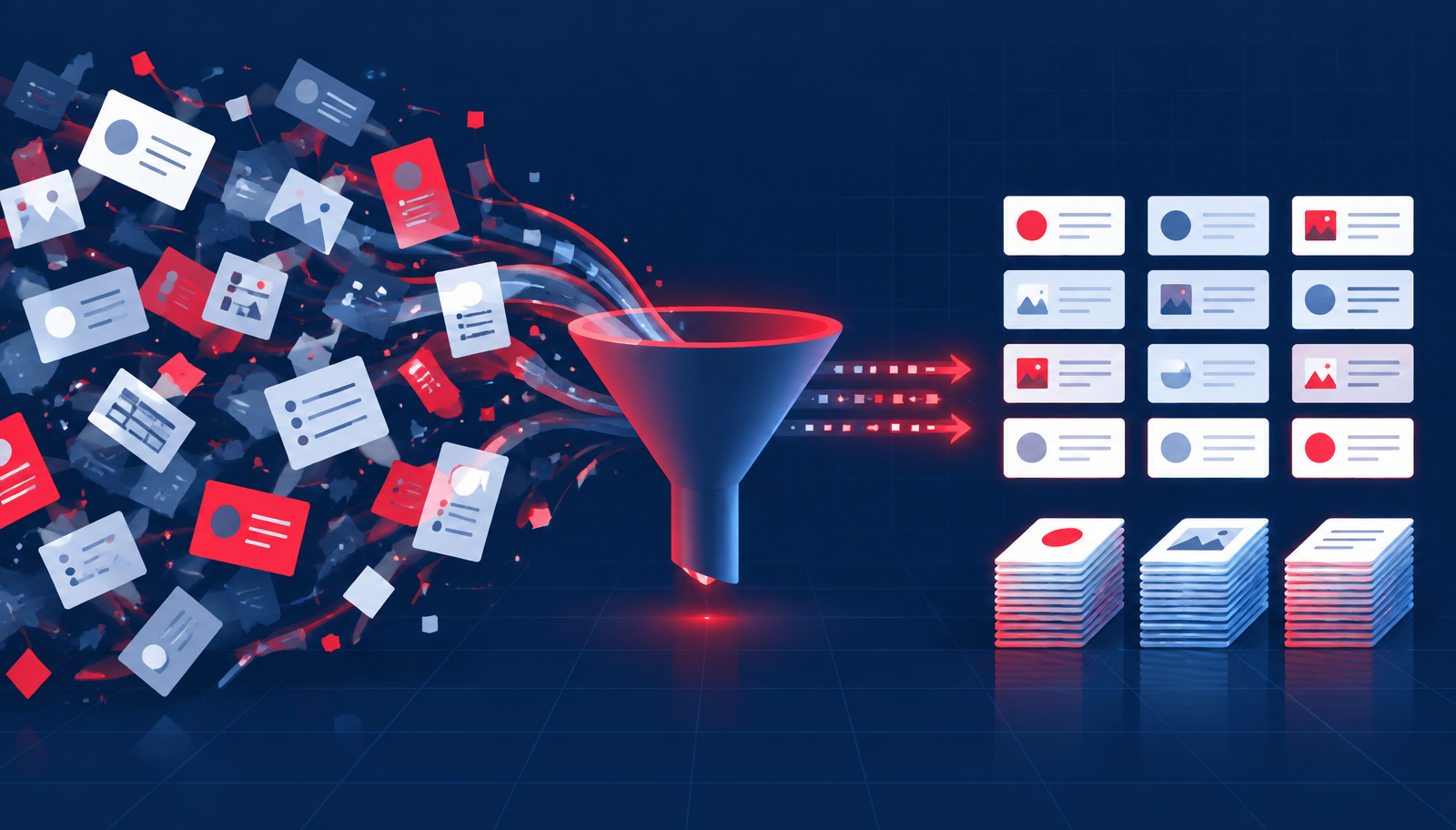 Messy legacy records being filtered into clean, organized data