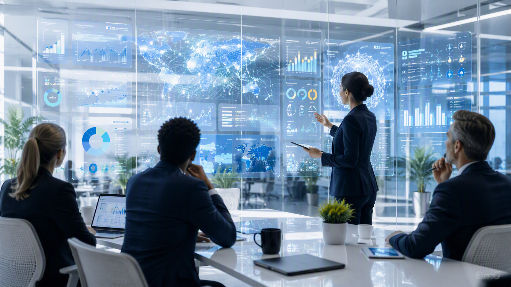 Leaders reviewing forecasting, planning, and operations analytics together on a large connected data wall.