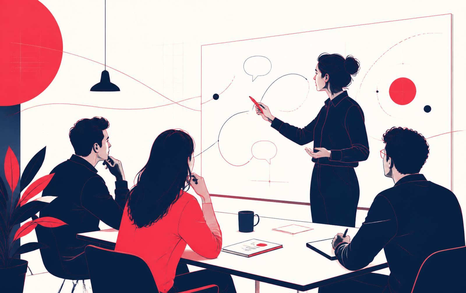 A Hummingbird consultant coaching colleagues at a whiteboard during a Charm School session