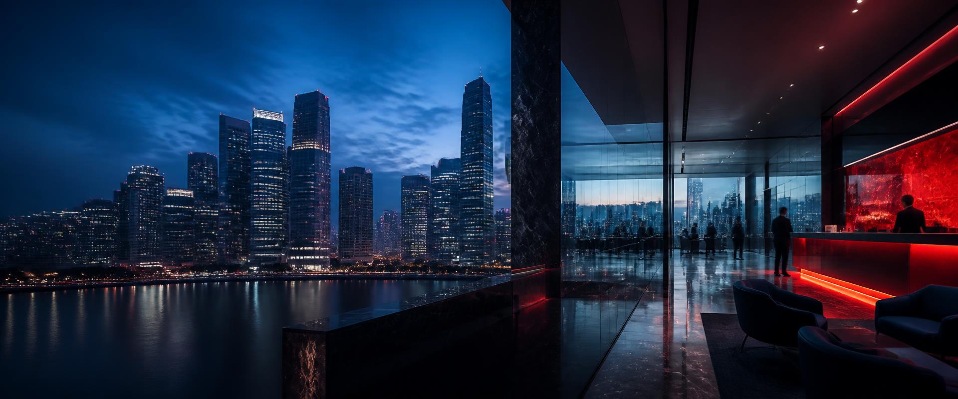 A financial district skyline at blue hour beside a modern glass banking floor
