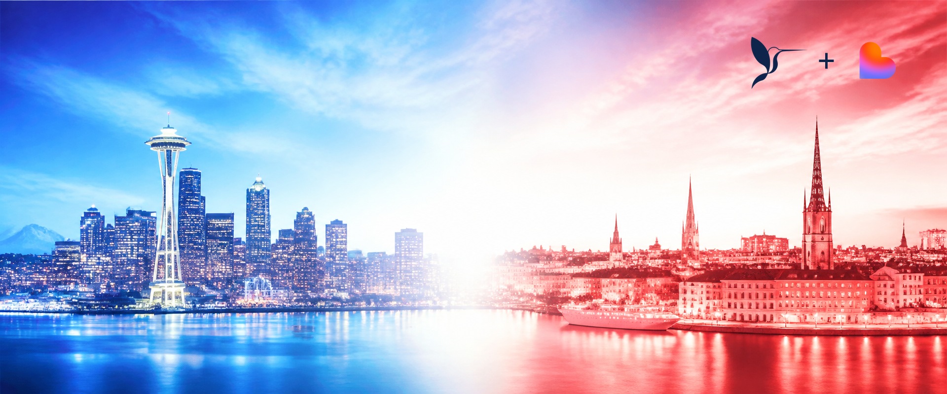 Seattle skyline in blue on the left and Stockholm in ruby on the right, with the Hummingbird mark plus the Lovable heart locked up at the top right
