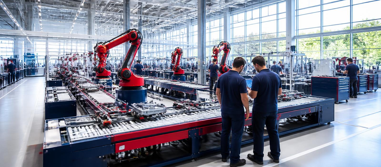 A manufacturing plant floor at shift change, production dashboards glowing along the aisle