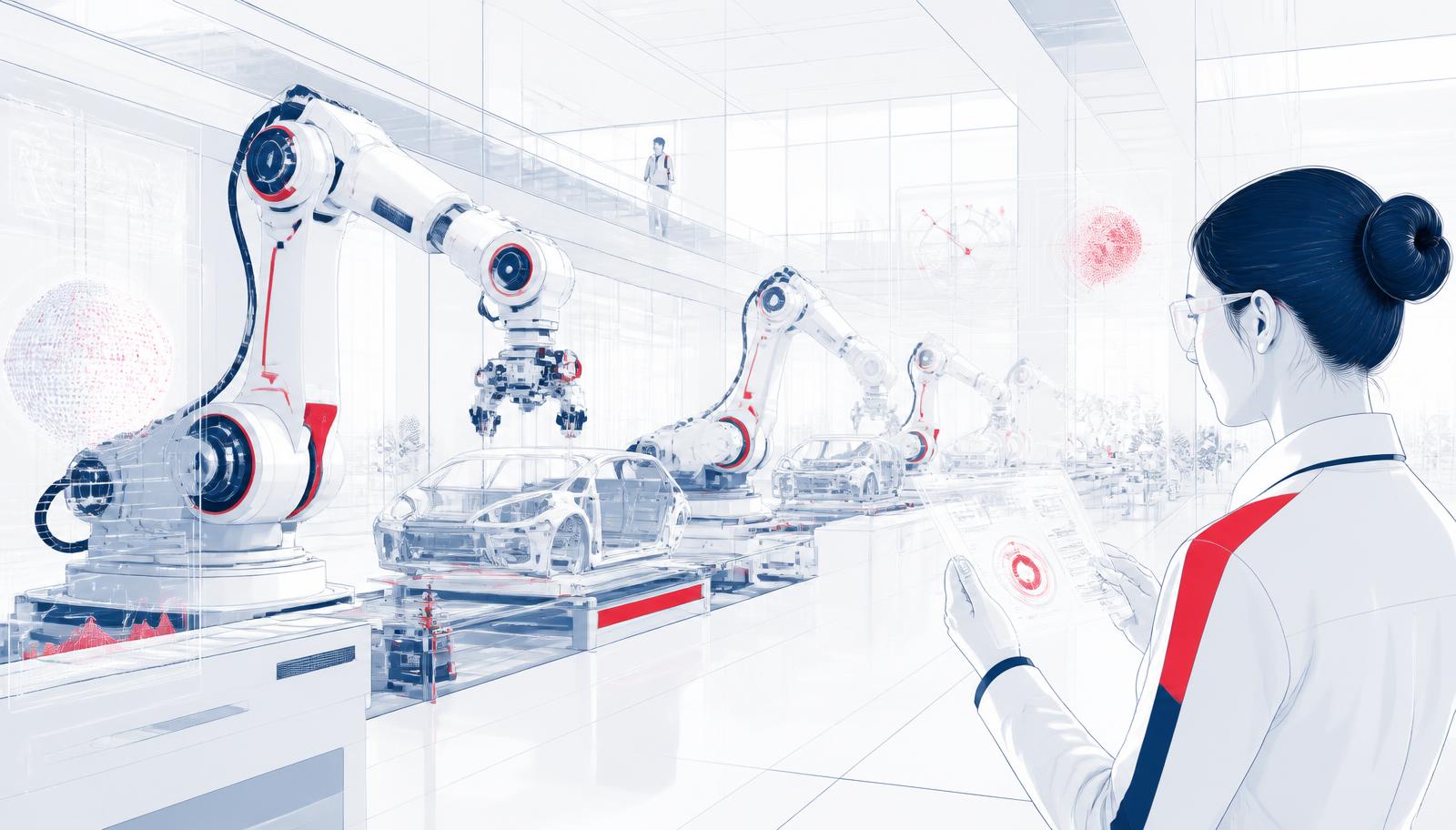 A manufacturing engineer reviewing live production data beside a robotic assembly line