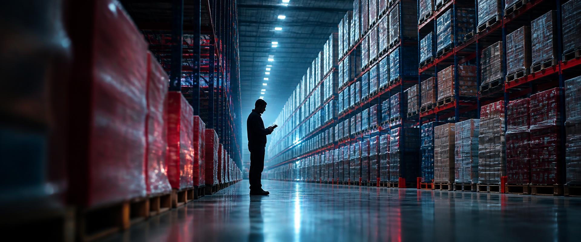 A consumer goods distribution centre aisle stacked with palletised product