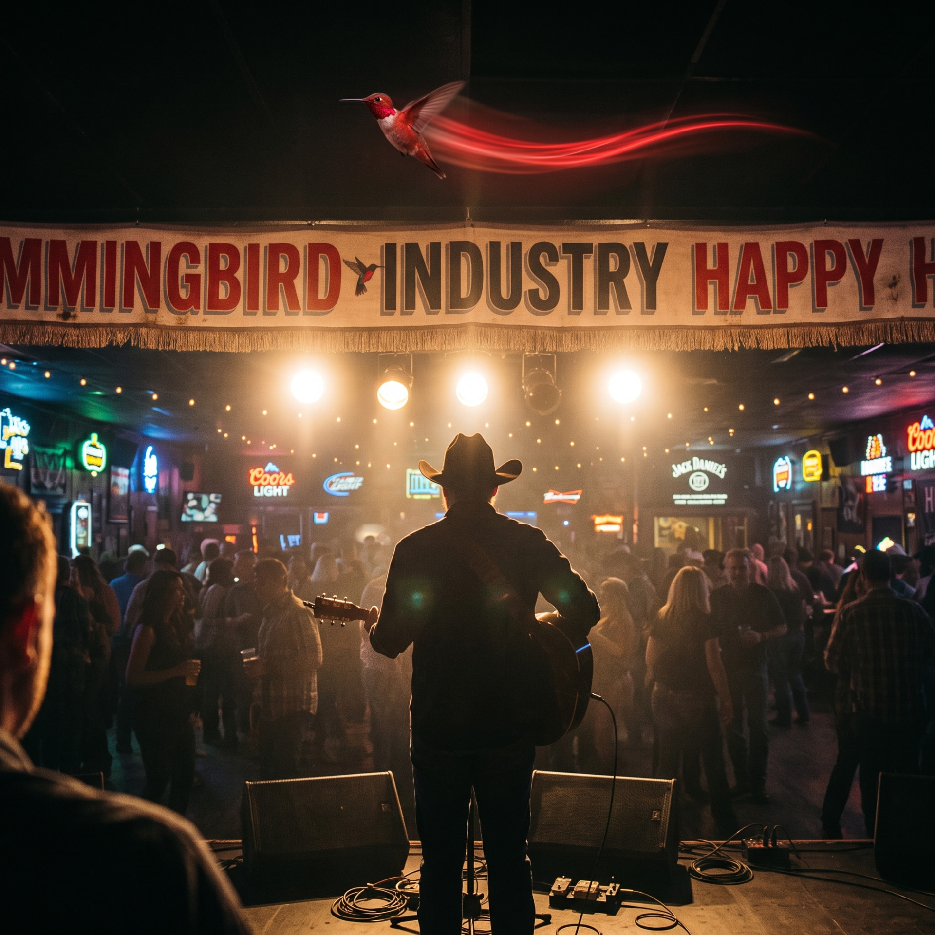 Hummingbird Industry Happy Hour banner over a packed bar with a live guitarist on stage